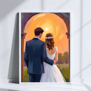 Happy Ever After Bride & Groom Watercolor Wedding Poster