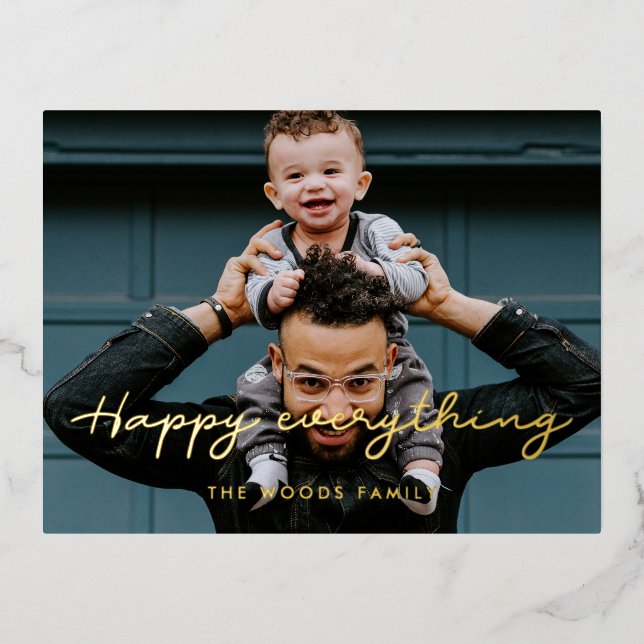 Happy everything Modern simple photo Foil Holiday Postcard (Front)