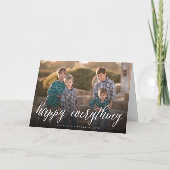Happy Everything Simple White Script Photo Modern Holiday Card (Front)