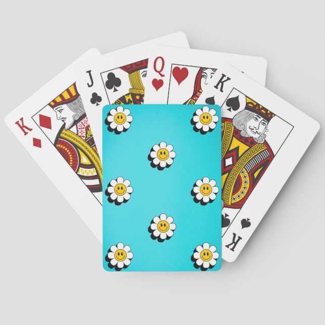 Happy face flower with blue background poker cards (Back)