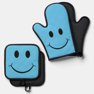 Happy Face Graphic Blue Oven Mitt & Pot Holder Set