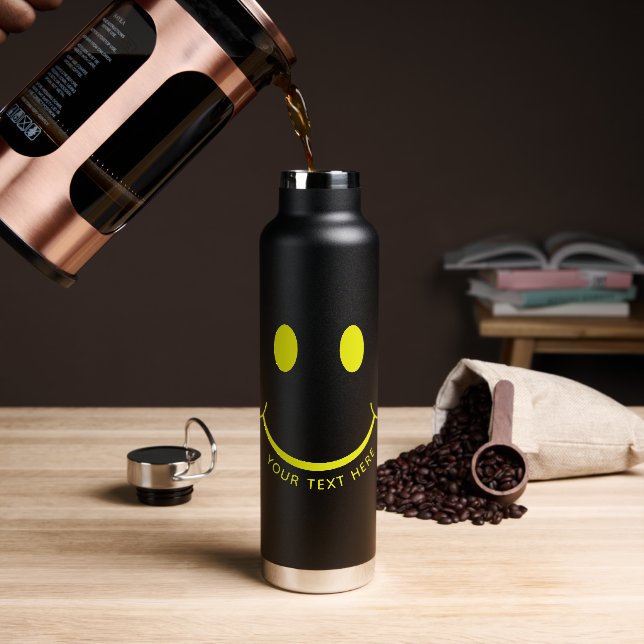 Happy Face Graphic Personalise Black Water Bottle (Coffee)
