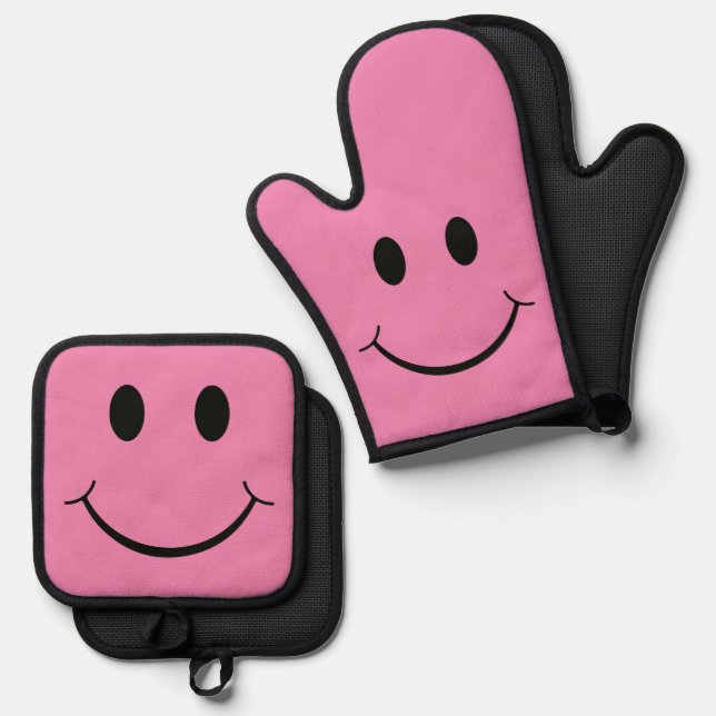 Happy Face Graphic Pink Oven Mitt & Pot Holder Set (Front/Back)