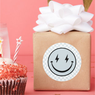 Happy Face Groovy Blue Check Boy Birthday Classic Round Sticker