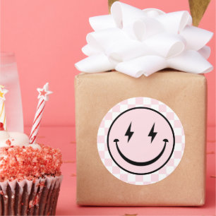 Happy Face Groovy Pink Girl Birthday Classic Round Sticker