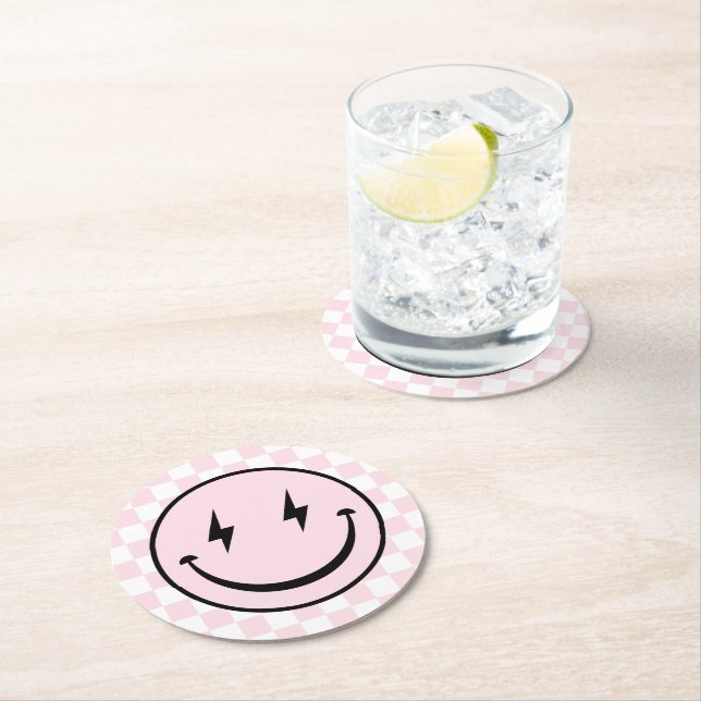 Happy Face Groovy Pink Girl Birthday  Round Paper Coaster (Insitu)