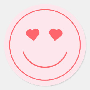 Happy Face Heart Eyes   Pink Classic Round Sticker