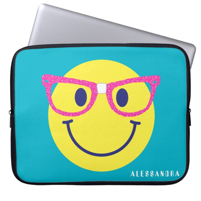 Happy Face Nerd Teal & Pink Personalised Laptop Sleeve (Front)