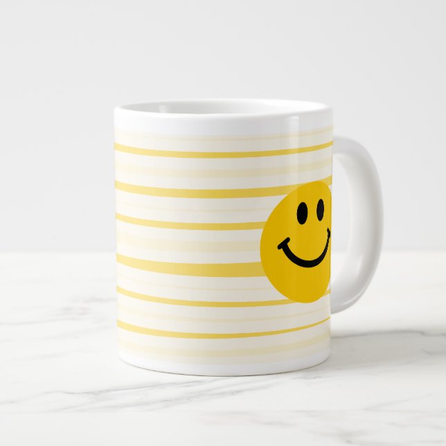 Happy Face on sunny yellow stripes Large Coffee Mug (Front Right)