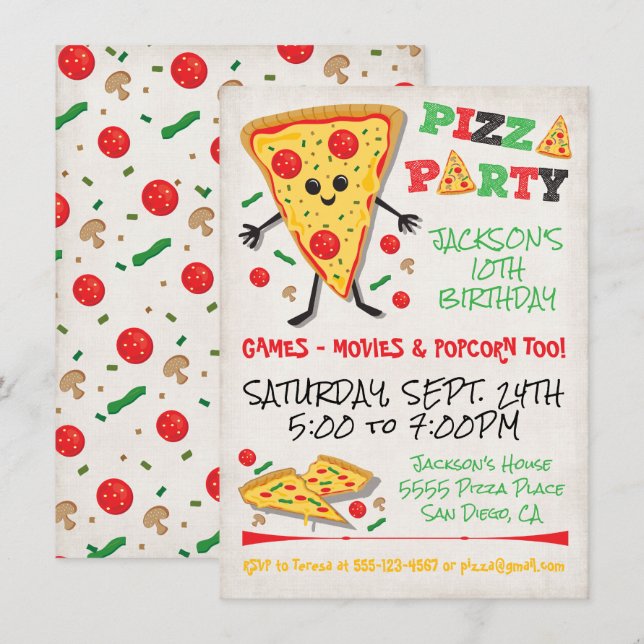 Happy Face Pizza Birthday Party Invitation (Front/Back)
