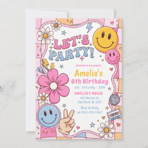 Happy Face Smile Groovy Chequered Birthday Party Invitation