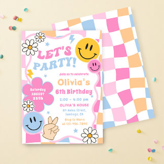 Happy Face Smile Groovy Chequered Birthday Party Invitation