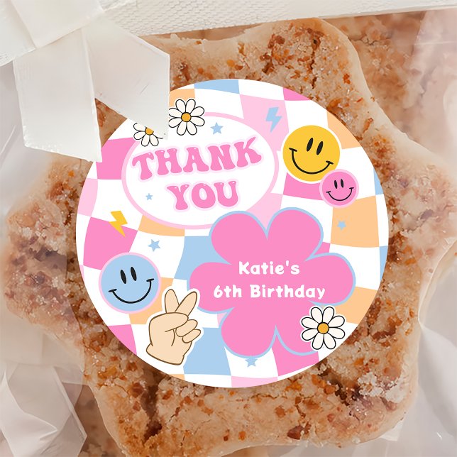 Happy Face Smile Groovy Chequered Birthday Sticker (Creator Uploaded)