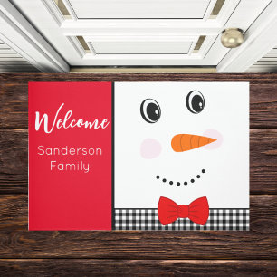 Happy Face Snowman red tie black buffalo plaid Doormat