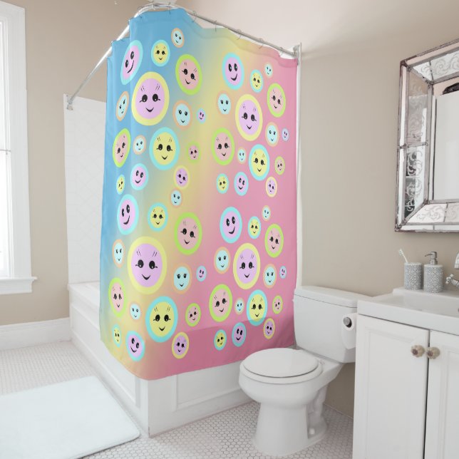 Happy faces in pastel - fun and cute  shower curtain (In Situ)