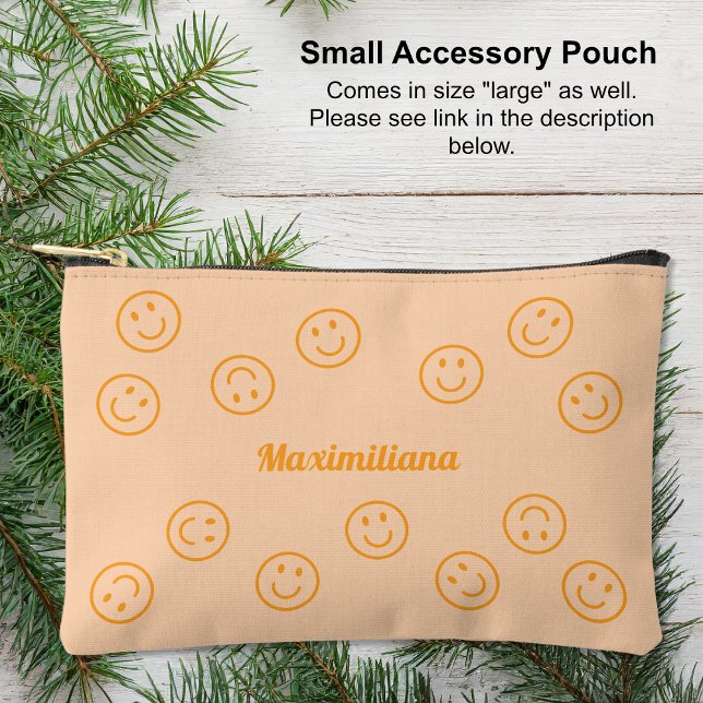 Happy Faces Orange on Peach- SMALL Accessory Pouch (Small Accessory Pouch - Happy Faces Orange on Peach by Leapfroglisics Shop)