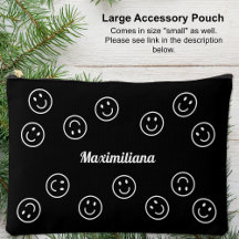 Happy Faces White on Black - LARGE Accessory Pouch