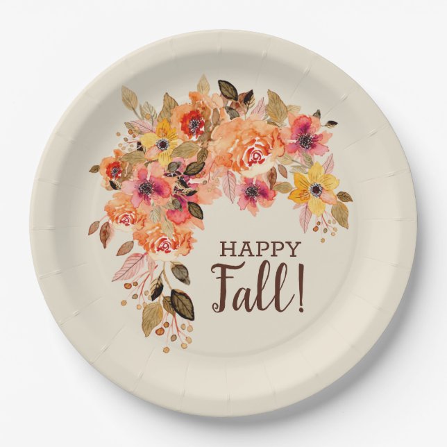 Happy Fall Autumn Floral Swag Paper Plate (Front)