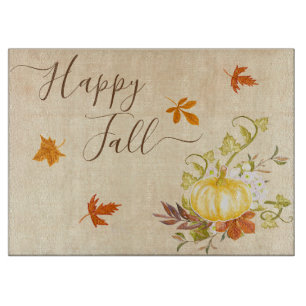 Happy Fall   Autumn Leaves and Pumpkin Cutting Board
