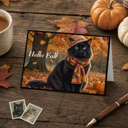 Happy Fall Autumn Leaves Black Cat in a Hat Card