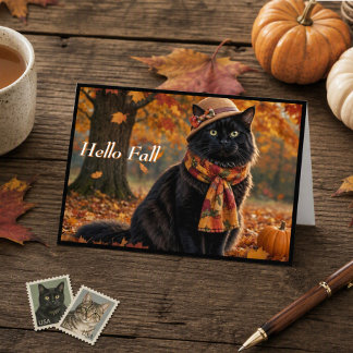 Happy Fall Autumn Leaves Black Cat in a Hat Card