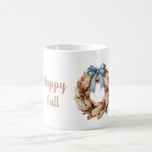 Happy Fall Blue Ribbon Leaves Wreath Coffee Mug