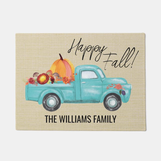 Happy Fall Blue Truck Family Name Pumpkins Doormat (Front)