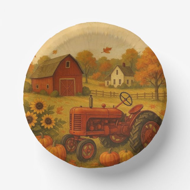 Happy fall classic tractor and farm paper plate (Front)