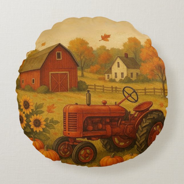 Happy fall classic tractor and farm round cushion (Front)