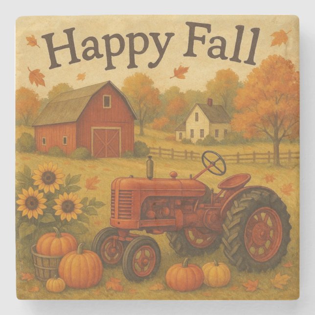 Happy fall classic tractor and farm stone coaster (Front)