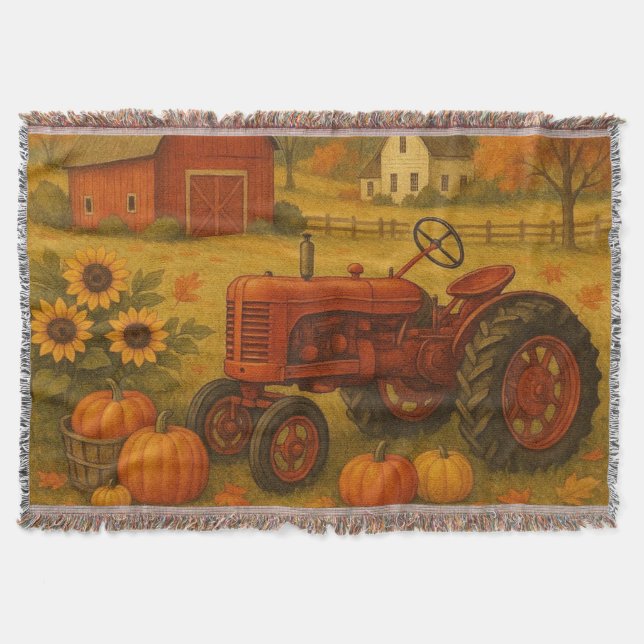 Happy fall classic tractor and farm throw blanket (Front)