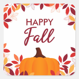 Happy Fall Cute Colourful Leaves Pumpkin Frame Square Sticker