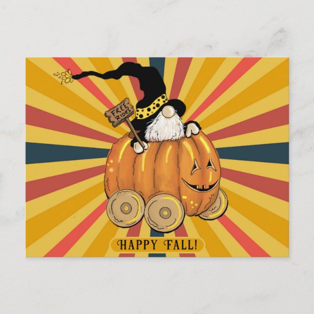 Happy Fall Cute Funny Gnome Pumpkin Colourful Postcard (Front)