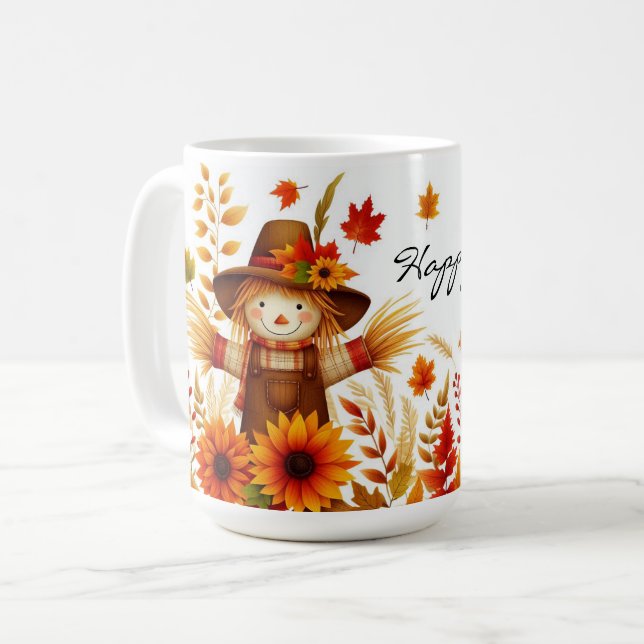 Happy Fall Cute Scarecrow and Autumn Foliage Coffee Mug (Front Left)