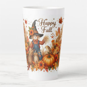 Happy Fall Cute Scarecrow and Autumn Foliage Latte Mug