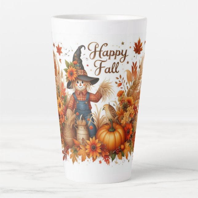 Happy Fall Cute Scarecrow and Autumn Foliage Latte Mug (Front)
