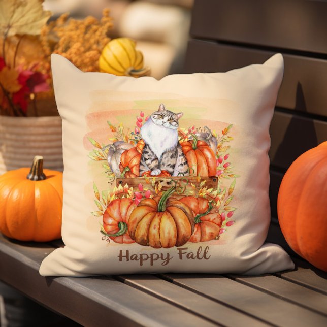 Happy Fall Grey White Cat Rustic Orange Pumpkins Cushion (Cat and pumpkins "Happy Fall" decorator pillow)