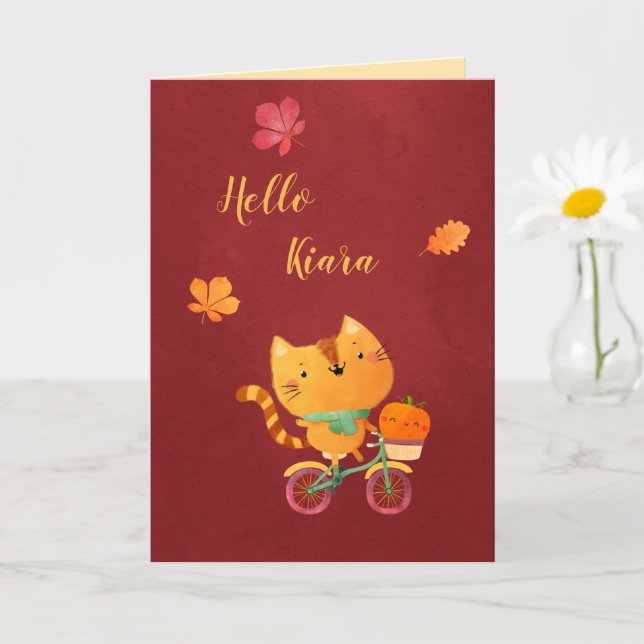 Happy Fall Halloween Thanksgiving Bike Cat Pumpkin Card (Small Plant)