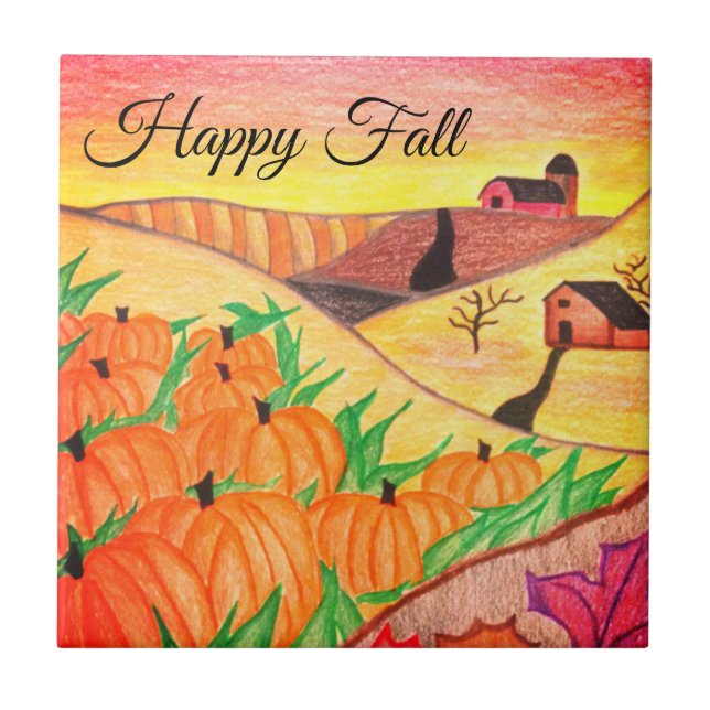 Happy Fall Harvest Folk Art Tile (Front)