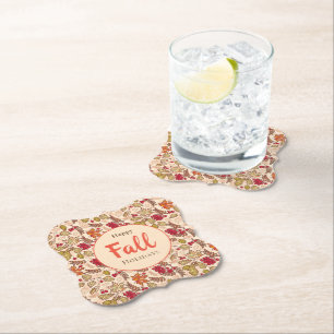 Happy Fall Holidays Autumn Leaves Red Berries Paper Coaster
