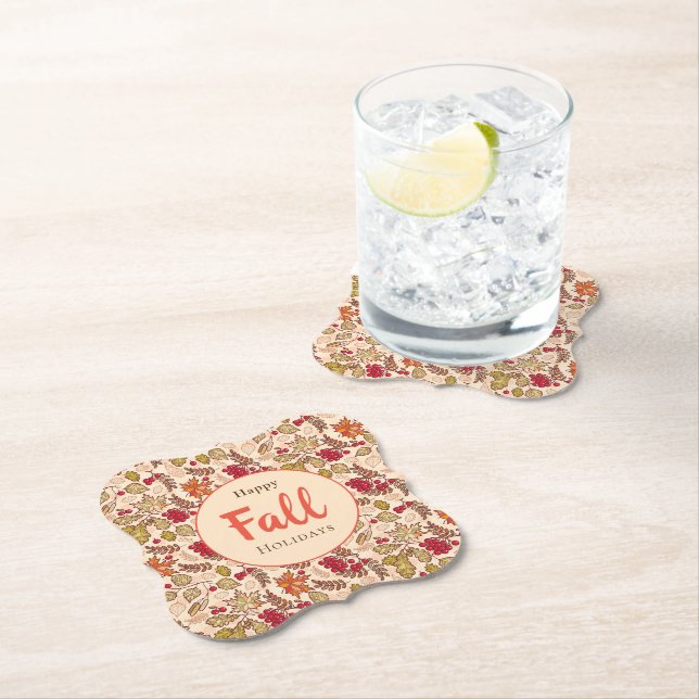 Happy Fall Holidays Autumn Leaves Red Berries Paper Coaster (Insitu)