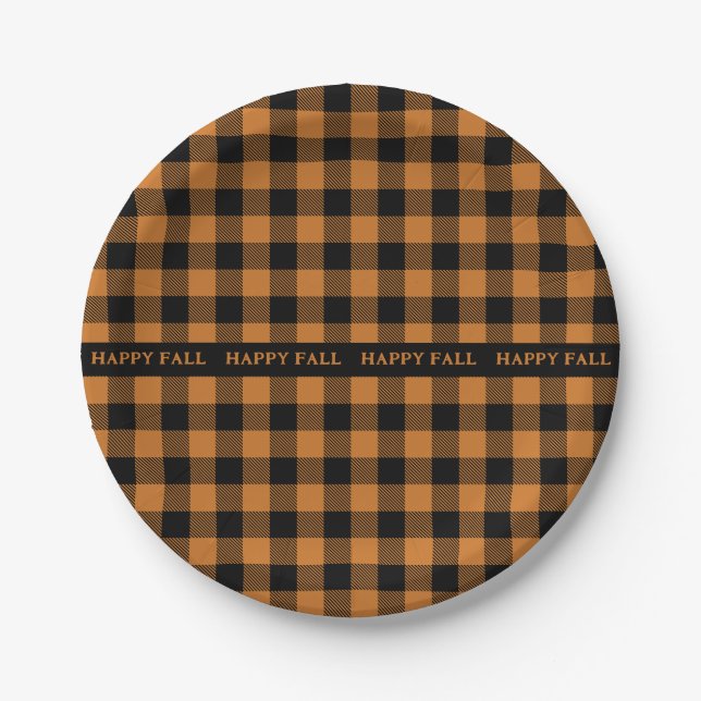 happy fall orange black pattern paper plate (Front)