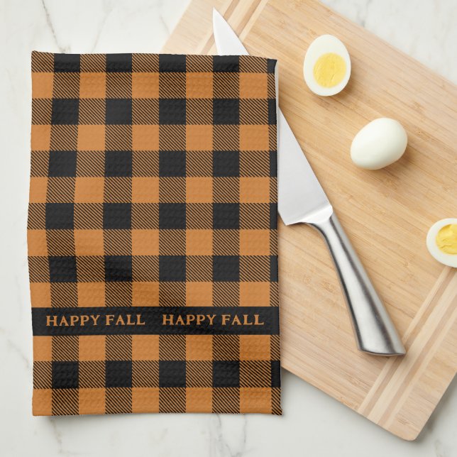 happy fall orange check pattern tea towel (Quarter Fold)