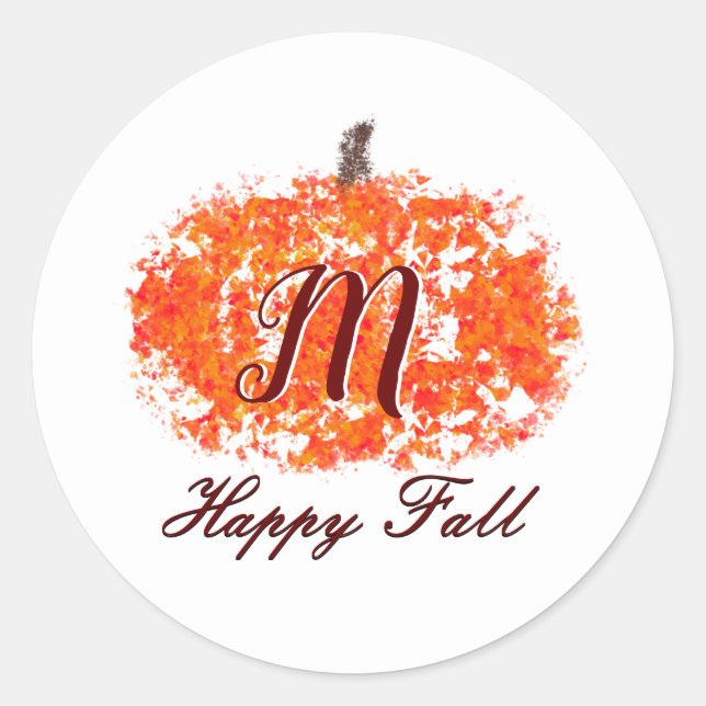Happy Fall Personal Family Monogram Pumpkin Leaves Classic Round Sticker (Front)