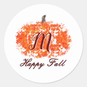 Happy Fall Personal Family Monogram Pumpkin Leaves Classic Round Sticker