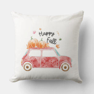 Happy Fall – Pink Car with Pumpkins Autumn Cushion