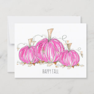 Happy Fall Pink Pumpkins Leaves Watercolor Postcard