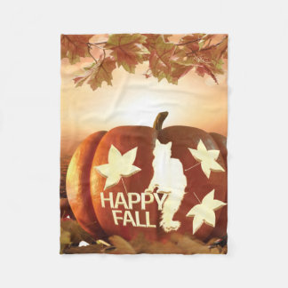 Happy Fall Pumpkin & Cat Silhouette Autumn Fleece Blanket