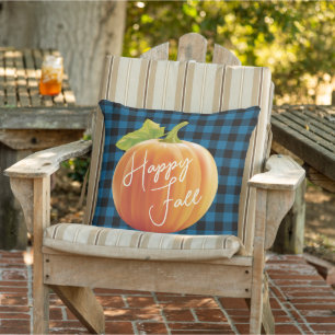 Happy Fall Pumpkin On Blue Black Check Pattern Cushion