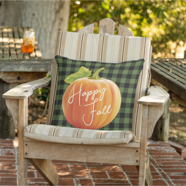 Happy Fall Pumpkin On Green Black Check Pattern Cushion (Chair)